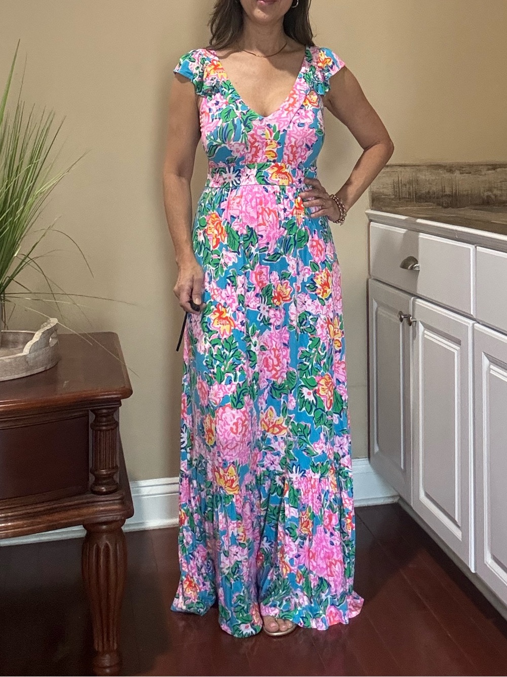 Lilly Pulitzer Teal Floral Maxi Skirt Dress with Pink and Yellow Blooms